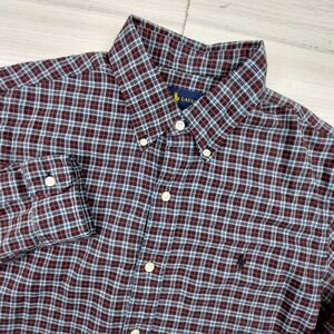 Ralph Lauren Button Down Shirt Mens Medium Red Navy Plaid Long Sleeve Pony Logo